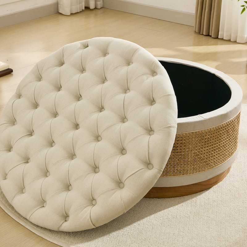 Linen & Rattan Round Storage Ottoman, Button-tufted Upholstery