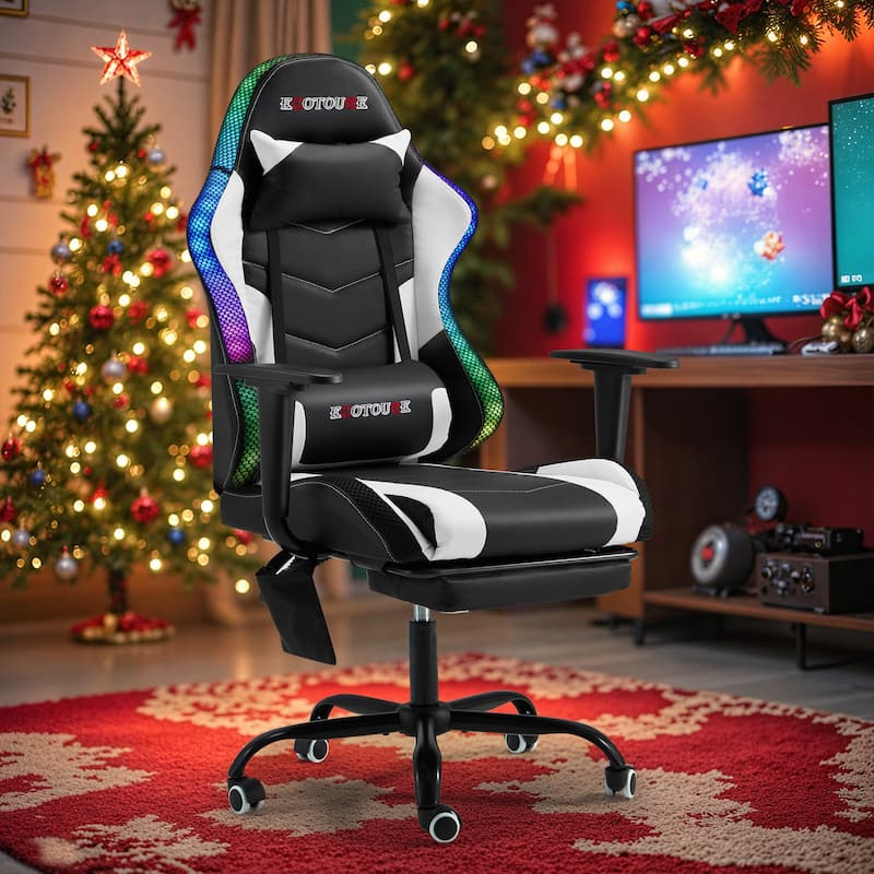 EROMMY RGB LED Gaming Chair with Massage Lumbar Support & Footrest, Ergonomic Reclining Computer Chair for Adults