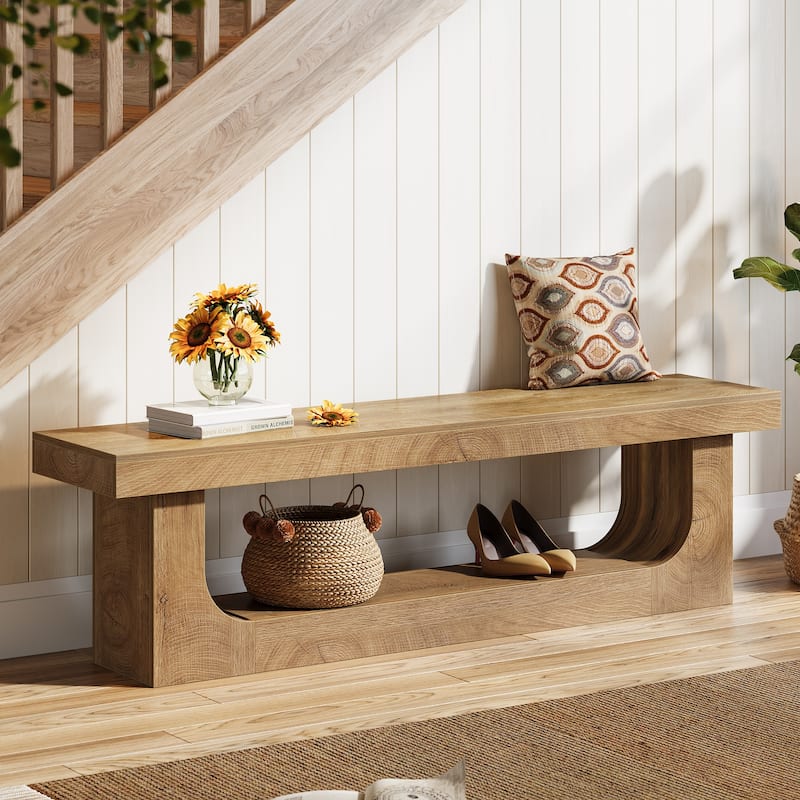 63 Inch Long Shoe Bench Entryway With Storage, Wooden End of Bed Bench - 13.8" D x 63" W x 17.72" H