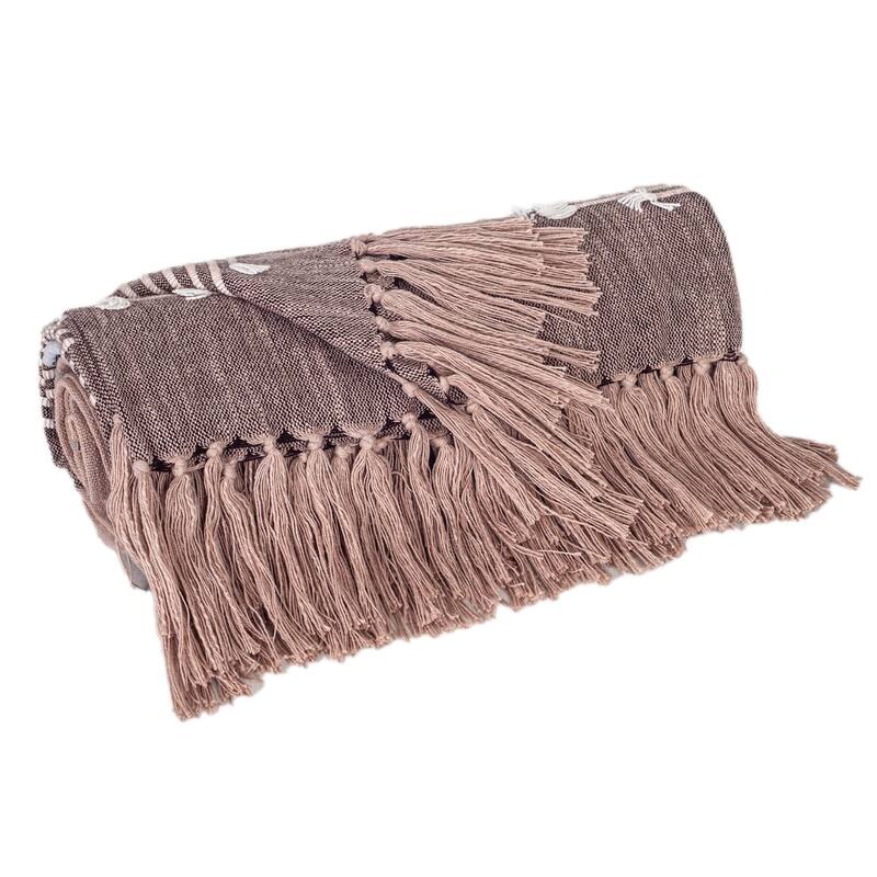HomeRoots 50" X 60" Taupe and Gray Woven Cotton Striped Throw Blanket with Fringe