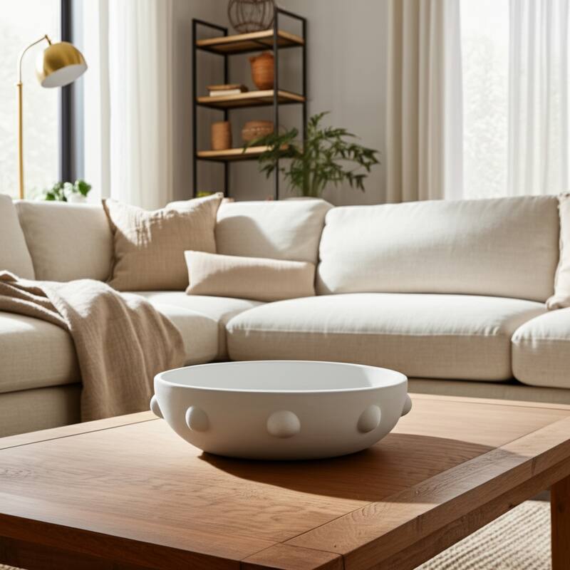 Pottery Clay Bowl Raised Dot-Textured Accents for Home - 14" White - 14" x 14" x 3.75" - White - 14" x 14" x 3.75"