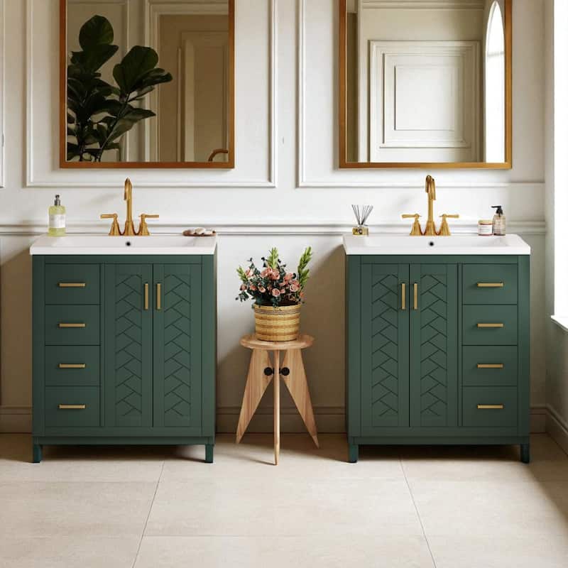 60" Green Bathroom Vanity with Ceramic Sink Combo, Solid Wood Frame Freestanding Cabinet with Drawers & Soft-Close Doors