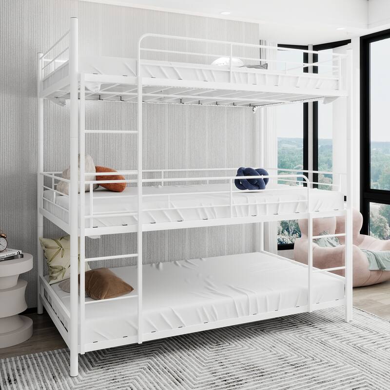 Heavy-duty Triple Frame Bed with Built-in Ladder and Full-length Railing, Space-saving, Easy to Assemble, White