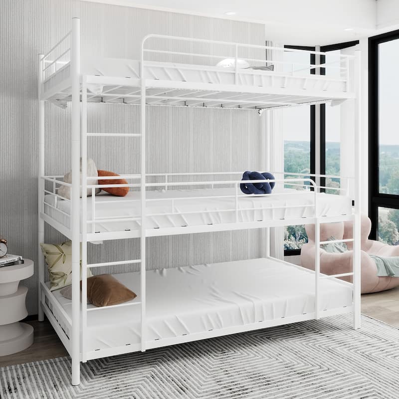 Twin Size Heavy-Duty Triple Frame Bed With Built-In Ladder And Full-Length Railing, No Springs Required, Easy To Assemble