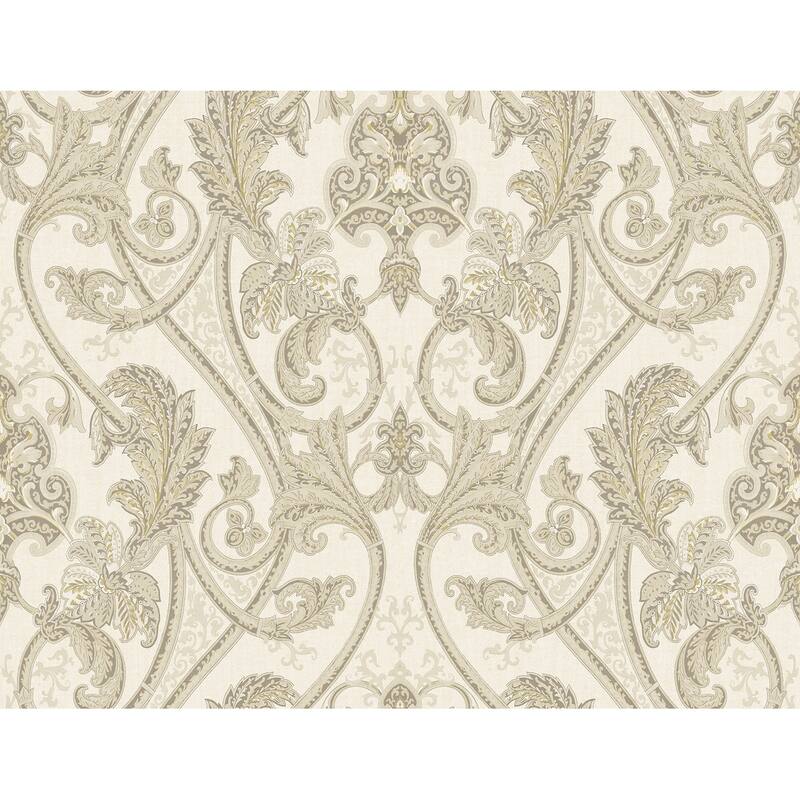 Seabrook Designs Longthorpe Damask Unpasted Wallpaper - 27 in. W x 27 ft. L - Metallic Ivory & Cream