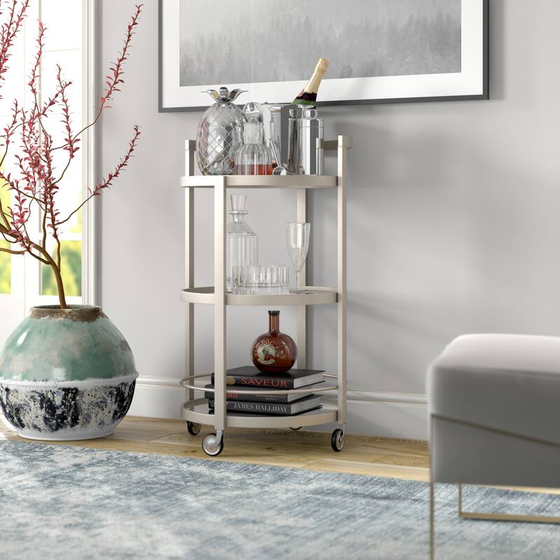 Modern Round Bar Cart with 3 Tempered Glass Shelves and Rolling Wheels - 21" x 21" x 36"