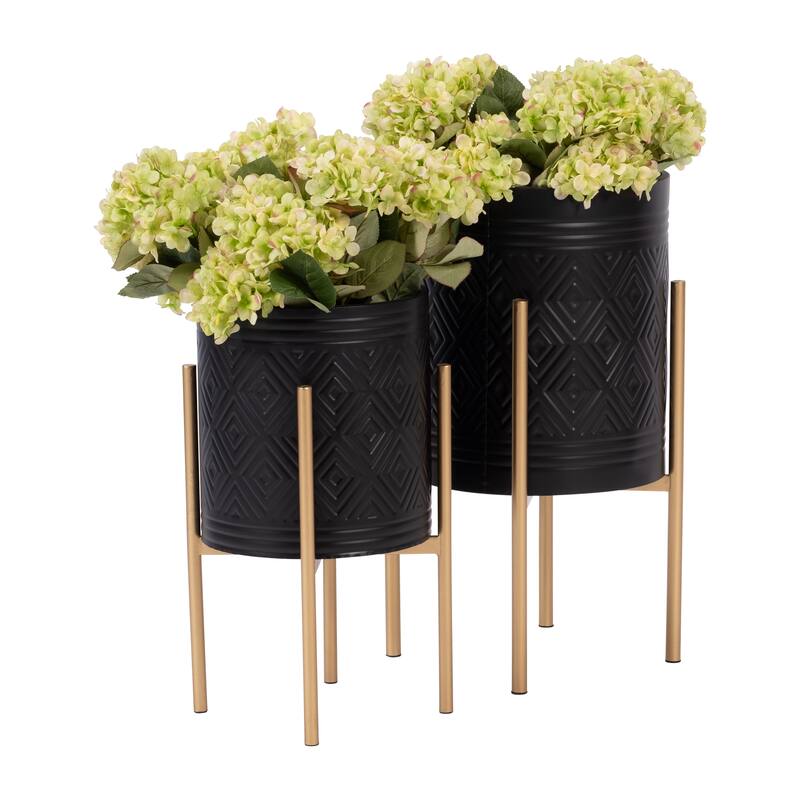 Sagebrook Home Chic Modern Planter Set of 2 - A Statement Piece for Indoor or Outdoor Greenery, Ideal for Contemporary Spaces - 14.0" x 14.0" x 23.0" - Diamond Dot Black/gold