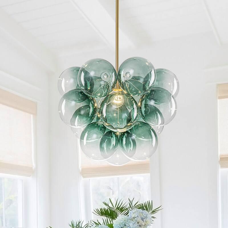 Glam Single-light Dining Room Glass Globe Bubble Chandelier - 17.7 in - Brass - Gradient Green