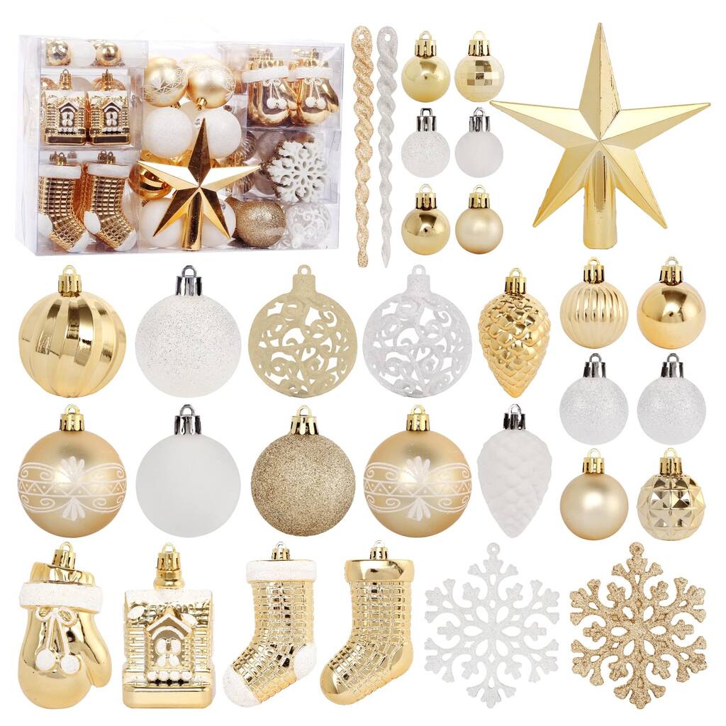 Christmas Tree Ornament, 132pcs Christmas Tree Decoration Set Gold White Christmas Ball Shatterproof Hanging Tree Ornament Large