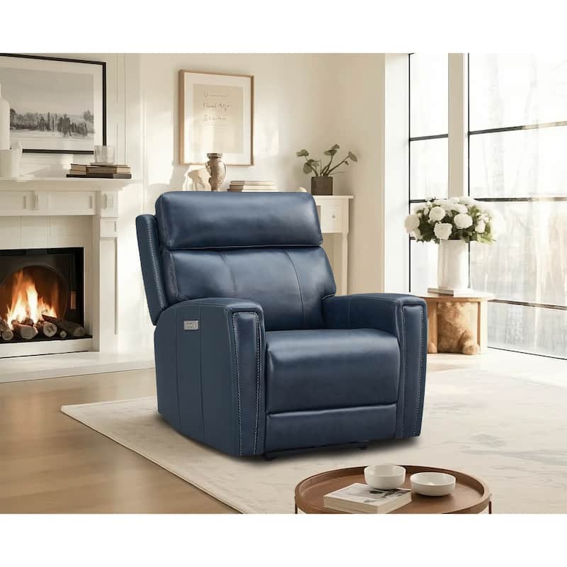 Genuine Leather Zero Gravity Power Recliner Chair with Power Headrest, USB&USB-C Port - Blue
