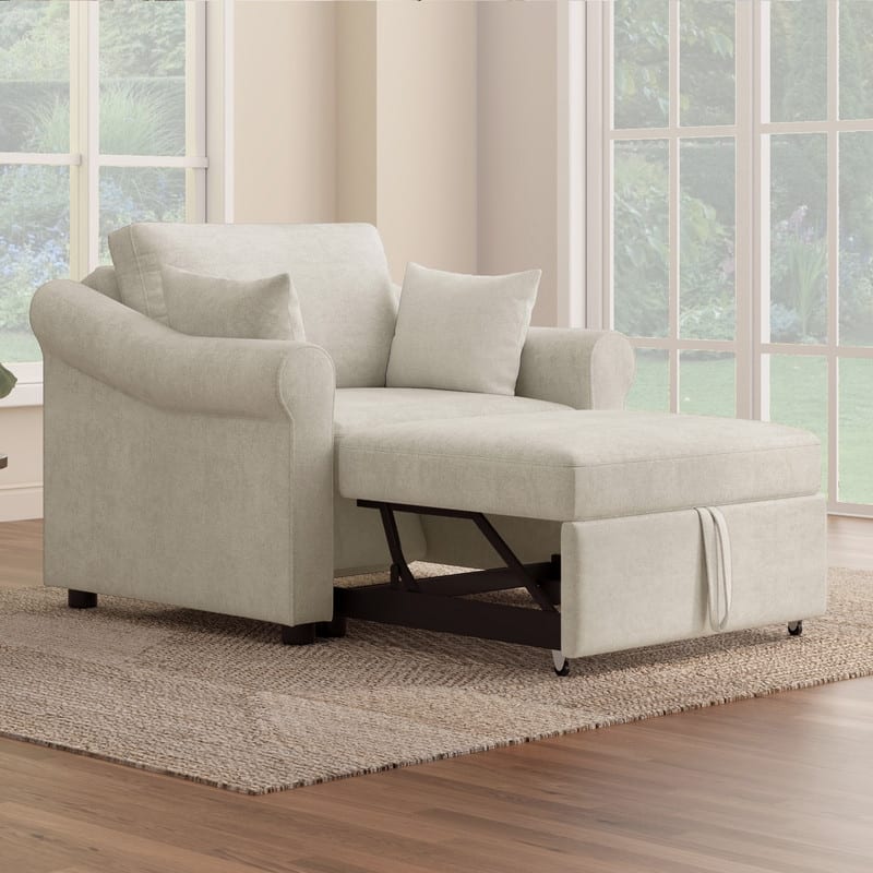 3-in-1 Convertible Sleeper Chair with Adjustable Backrest, Chenille Chair Bed Single Lounger Chair for Living Room - Beige