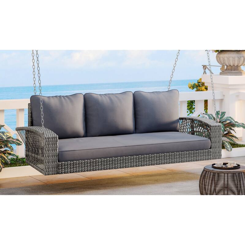 69" PE Wicker 3-Person Porch Swing with Chains and Cushions
