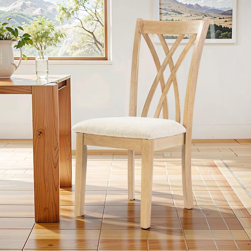 Off-White Dining Chairs Set of 2, Rubberwood Legs with Adjustable Glides