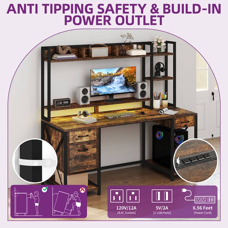 Moasis 59" Computer Desk with Hutch and Shelves, LED Gaming Desk with Monitor Stand