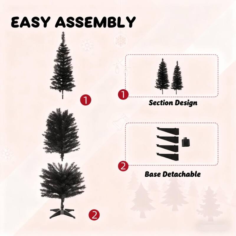 Slim Artificial Christmas Tree - Realistic Branch Tips, Plastic Stand - Black