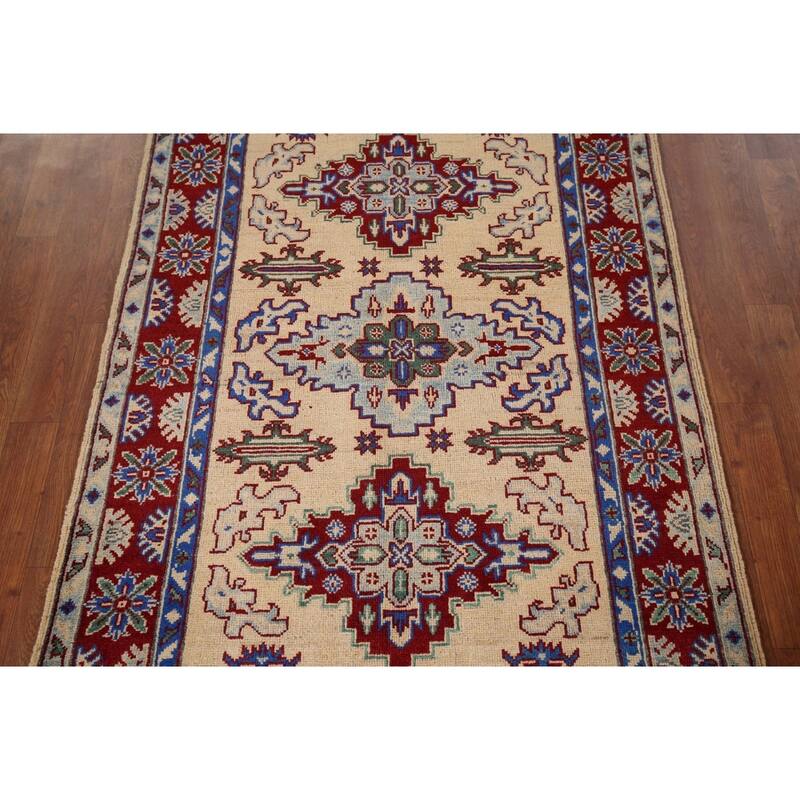 Geometric Kazak Accent Rug Handmade Yellow Wool Carpet - 3'6" x 5'1"