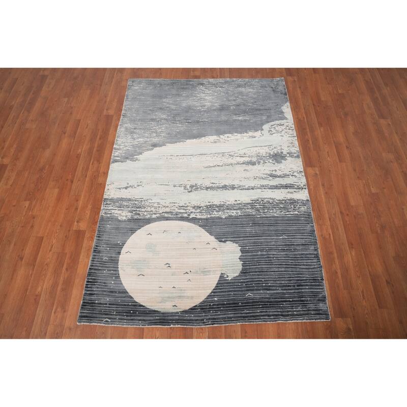 Hand Knotted Oriental Viscose Silk Carpet Modern Pictorial Greys & Charcoal Abstract Area Rug - 6' 6'' X 4' 5''