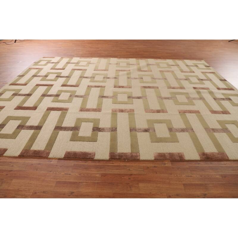 Geometric Beige Nepalese Oriental Area Rug Hand-Knotted Wool Carpet - 9'1" x 12'1"