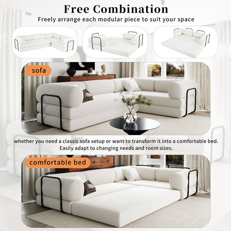 107" L-Shaped Convertible Modular Sofa with Iron Frame Support, Corduroy Upholstered Sectional Sleeper Couch for Living Room