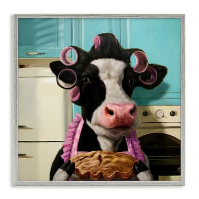 Stupell Glamorous Farm Cow Baking Pie Hair Rollers Framed Wall Art - Blue