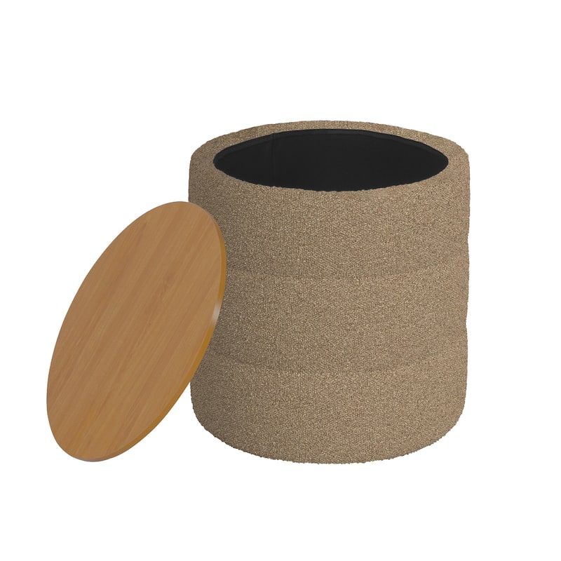 Mona Storage Ottoman, 19 Inch Round Lift Top, Channeled Brown Boucle