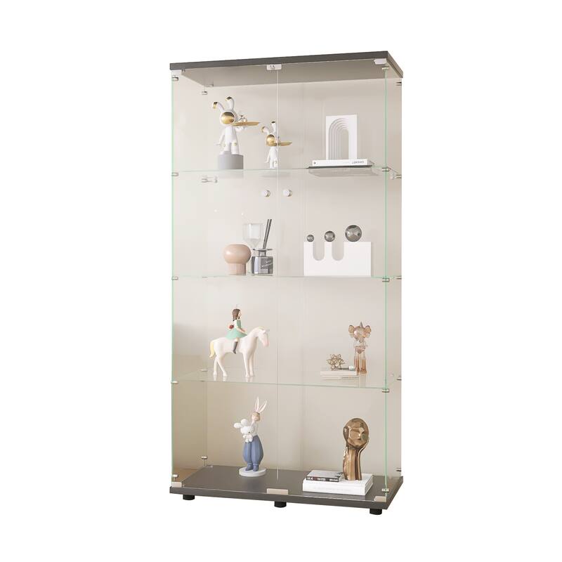 Two-door Glass Display Cabinet 4 Shelves with Door, Floor Standing Curio Bookshelf for Living Room Bedroom Office