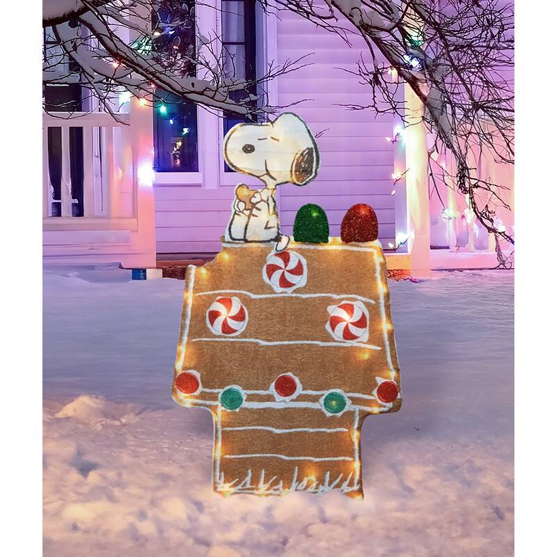 36" Peanuts L2D LED PreLit Snoopy and Gingerbread Doghouse