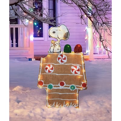36" Peanuts L2D LED PreLit Snoopy and Gingerbread Doghouse