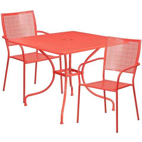 Offex 35.5" Square Coral Steel Patio Table Set w/ 2 Square Back Chairs