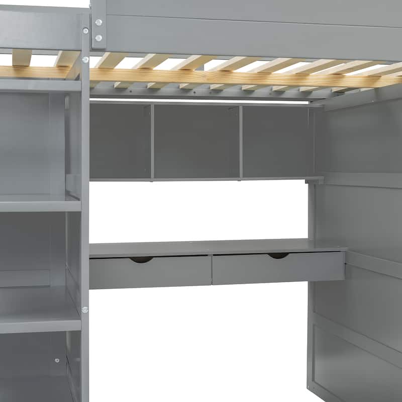 Multifunction Storage Wood Loft Bed Frame with Wardrobes, Desk, 4 Storage Drawers & Bookshelves, Space-Saving Design for Bedroom