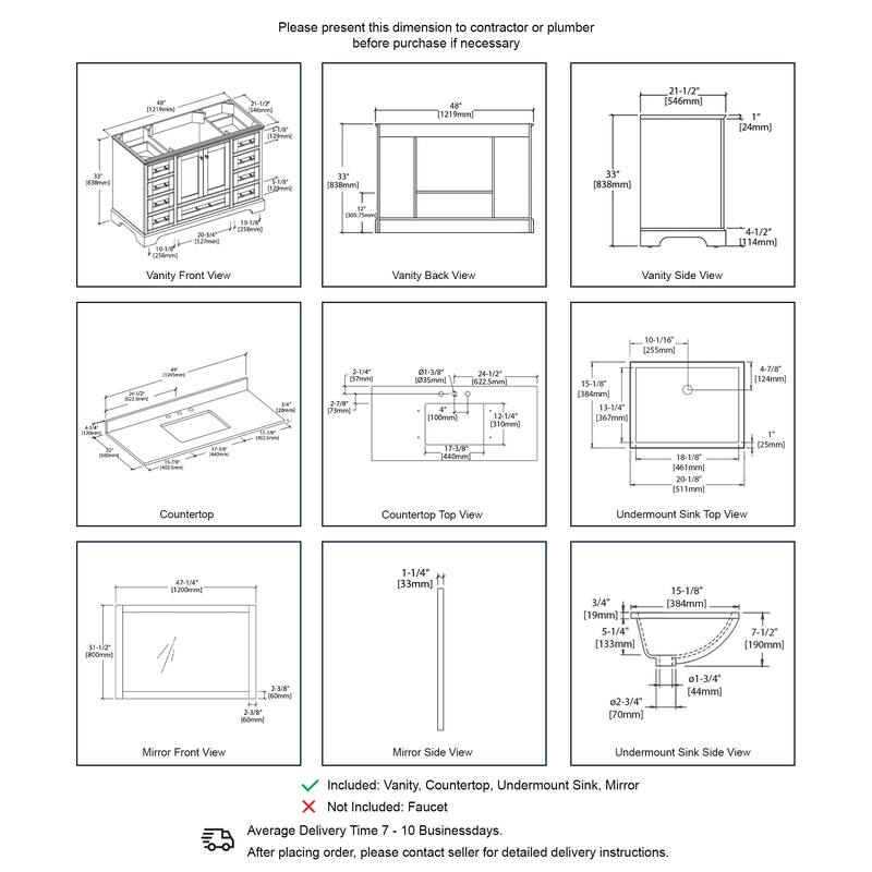 Blossom Copenhagen 48" Bathroom Vanity with Marble Top, Sink & Mirror
