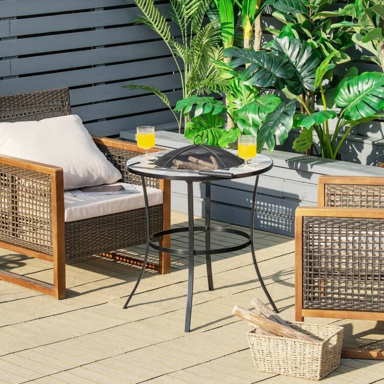 25.5 Inches Round Fire Pit Table with Mesh Cover and Fire Poker - 25.5" x 25.5" x 27.5" (L x W x H)