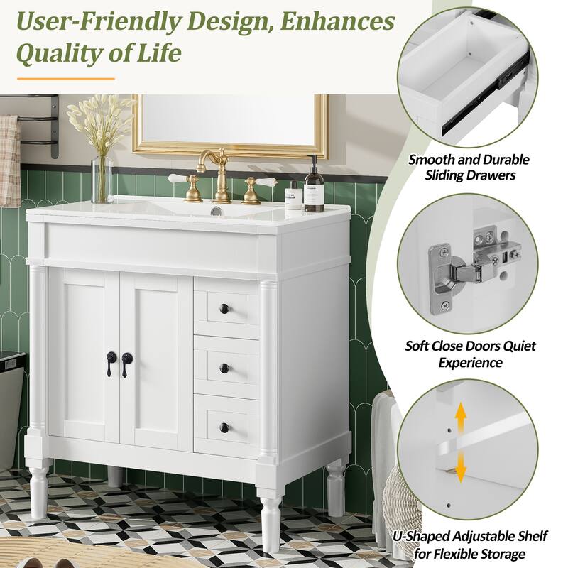 30" Elegant Bathroom Vanity Set with Ceramic Sink - Solid Wood & MDF, 2 Doors & 3 Drawers, Soft-Close, Adjustable Shelf