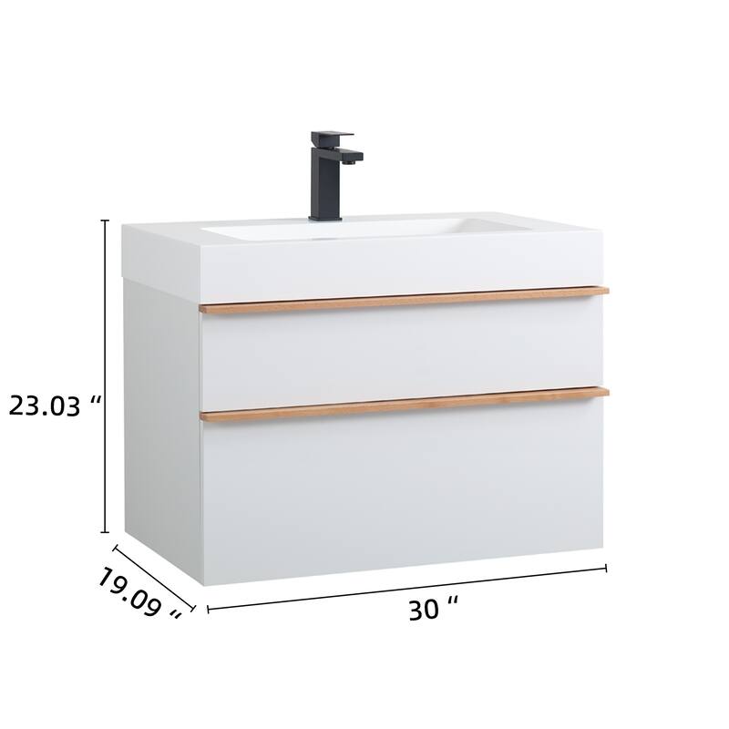 30 Inch Wall Mounted Bathroom Vanity with Integrated Acrylic Sink, 2 Soft-Close Drawers, Pre-Assembled,Modern Floating Cabinet