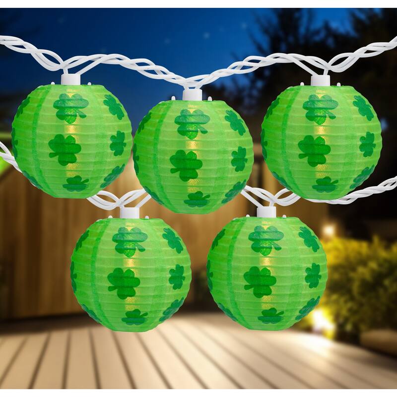 Shamrock St. Patrick's Day Paper Lantern Patio Lights - Green - 8.5' White Wire - 10ct