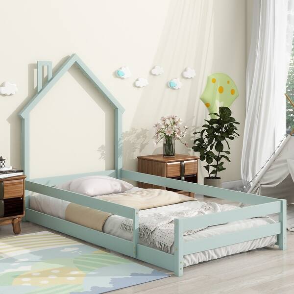 slide 2 of 7, Floor Bed Frame w/ Fences, Twin Size Pine Wood Platform Floor Bed w/ House-shaped Headboard for Girls, Boys Bedroom, Light Green Twin - Light Green