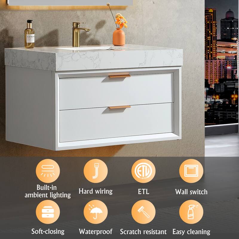 Modland 36" Wall-Mount Vanity with LED Light & 2 Soft-Close Drawers - Solid Oak, Black,White,Blue,Green - 36 inch