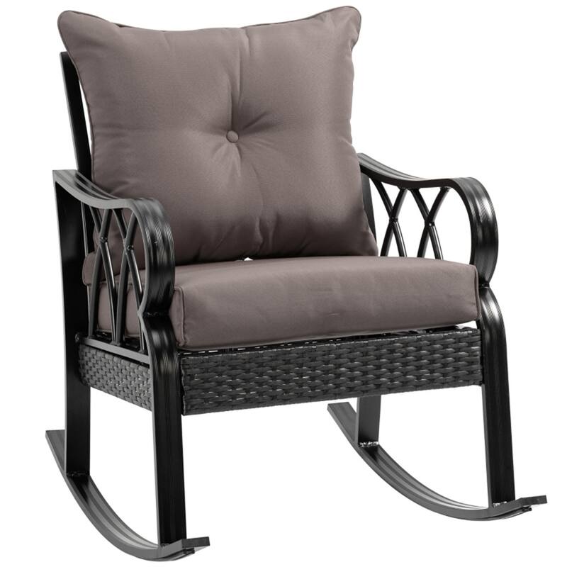 Modern Patio Rattan Rocking Chair with Comfortable Cushion and Aluminum Frame for Comfortable Seating - Black-Grey