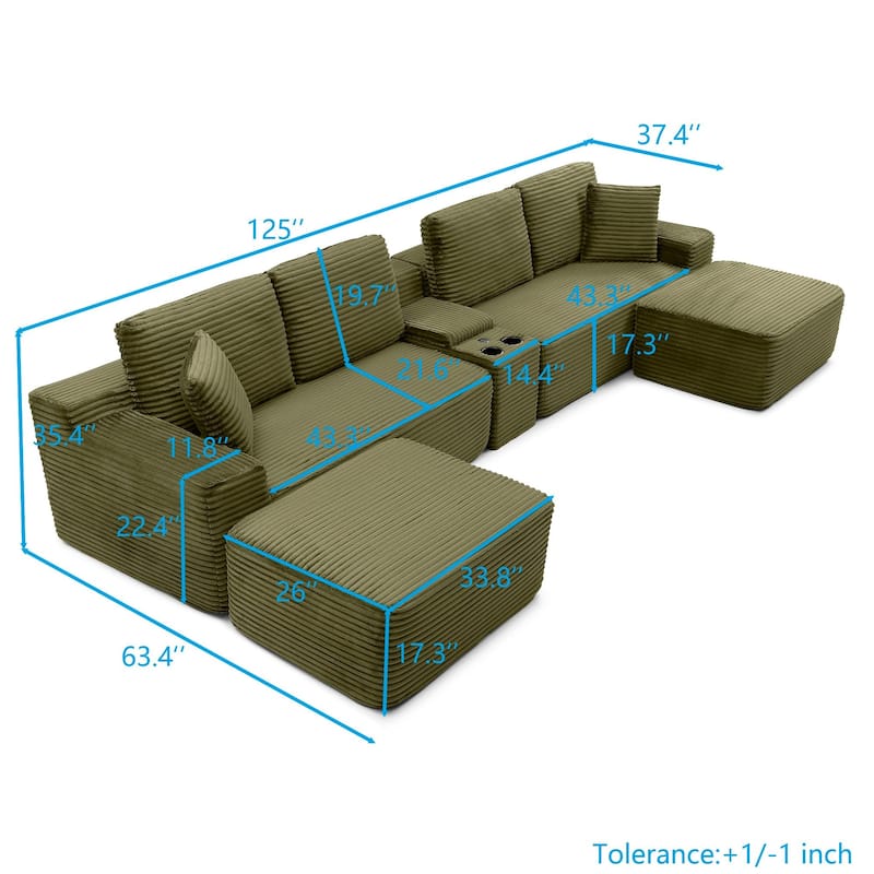 125" L Shaped Sectional Sofa with 2 Ottomans, Cloud Corduroy Couch with Deep Seat, Cup Holders and USB Ports