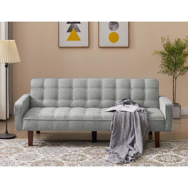 Linen Futon Sofa Bed with Adjustable Backrest and Solid Wood Legs - Bed ...