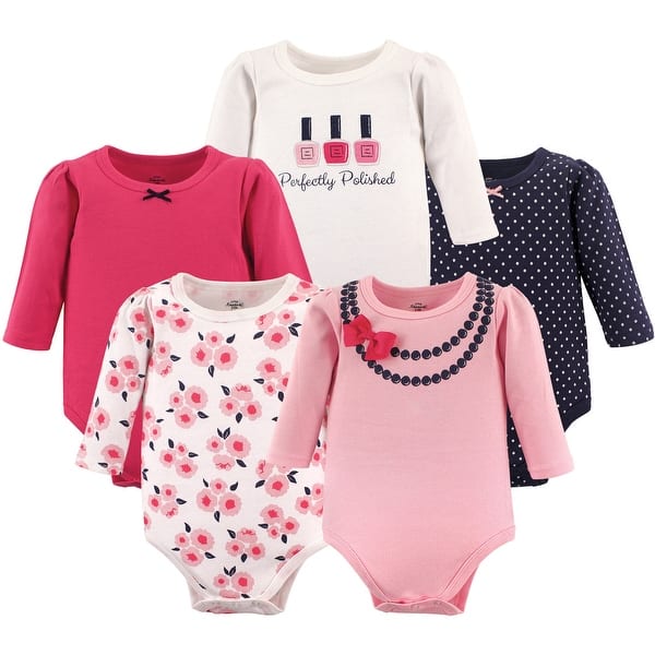 slide 1 of 1, Little Treasure Baby Girl Cotton Long-Sleeve Bodysuits 5pk, Bow Necklace 12-18 Months - Bow Necklace Long-Sleeve