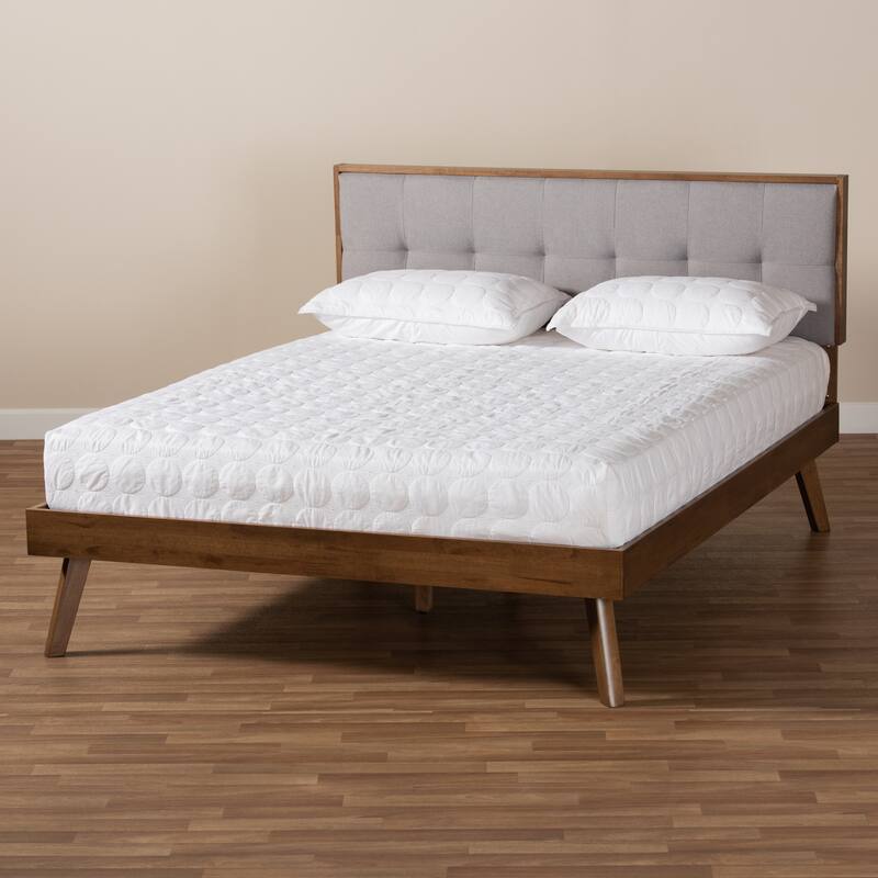 Light Grey Upholstered Platform Bed - Walnut Finish, Biscuit Tufted Headboard & Slats - 82"L x 62"W x 48"H