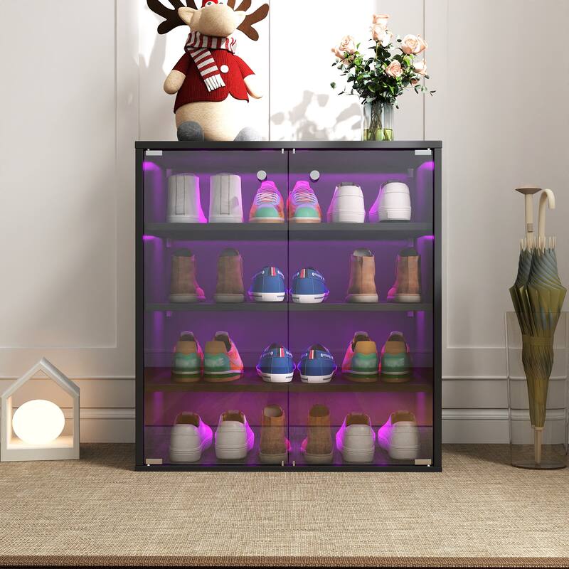 Roomfitters 4-Tier Shoe Display Cabinet, Stackable Wooden Shoe Storage Box with Glass Door and RGB LED Light