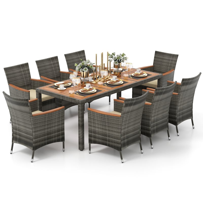 Costway 9 PCS Outdoor Wicker Dining Set with Acacia Wood Table and 8 - See Details