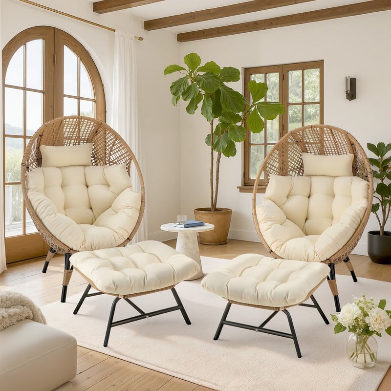 FINCATI Oversized Wicker Egg Chair with Ottoman Indoor Outdoor Accent Chair - 2 PCS-Beige