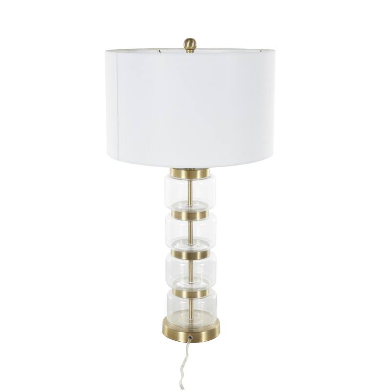 Glass Stacked Jars Room Table Lamp with White Drum Shade and Gold Metal Accents - Clear - Roche River Decor
