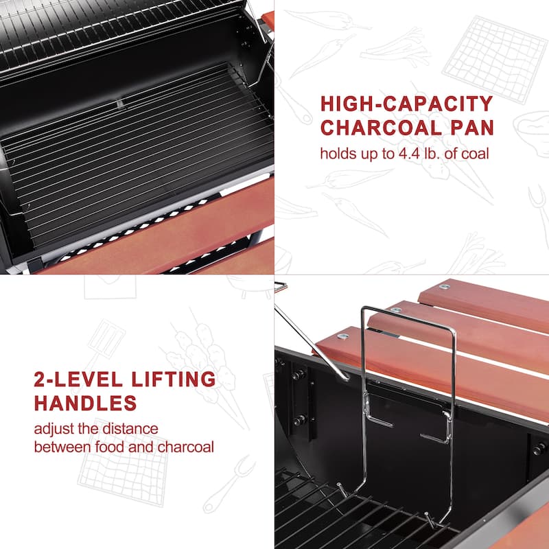 Royal Gourmet CC1830W Charcoal Grill with Offset Smoker,Wood-Painted Side Table and Front Table,Black