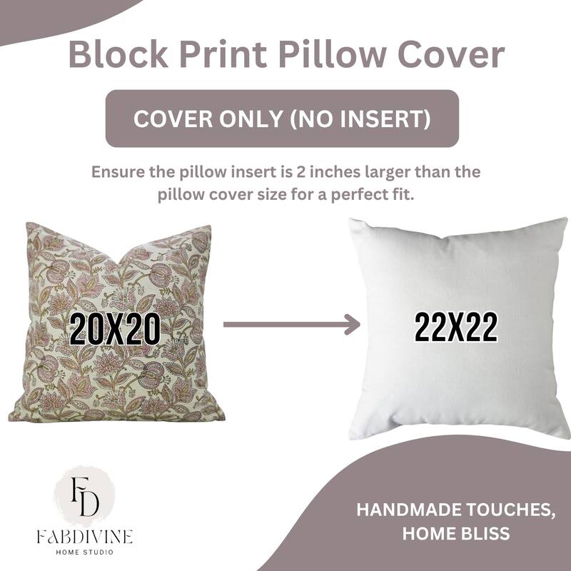 Fabdivine Linen Blend Handmade Block printed Floral Cushion Cover for Rustic Living or Bedroom 24x24 Inch, Custard Apple
