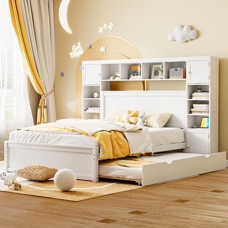 Queen Size Wooden Bed with Trundle, Cabinet, and Sockets, White