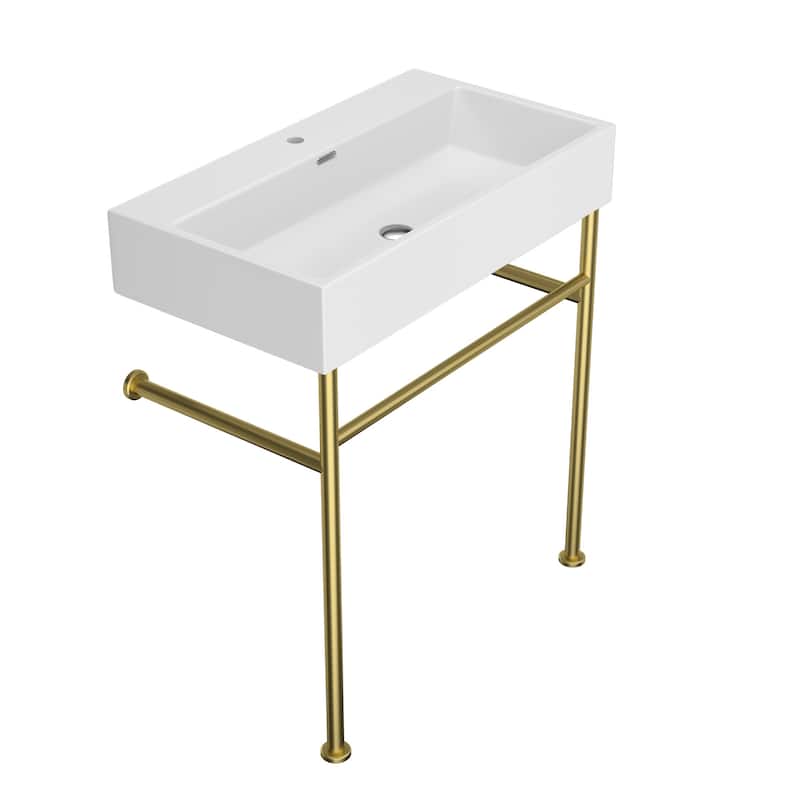 Lordear 24/30 in Ceramic White Single Bowl Console Sink Basin and Black/Gold Legs Combo with Overflow - 30 inch - Gold